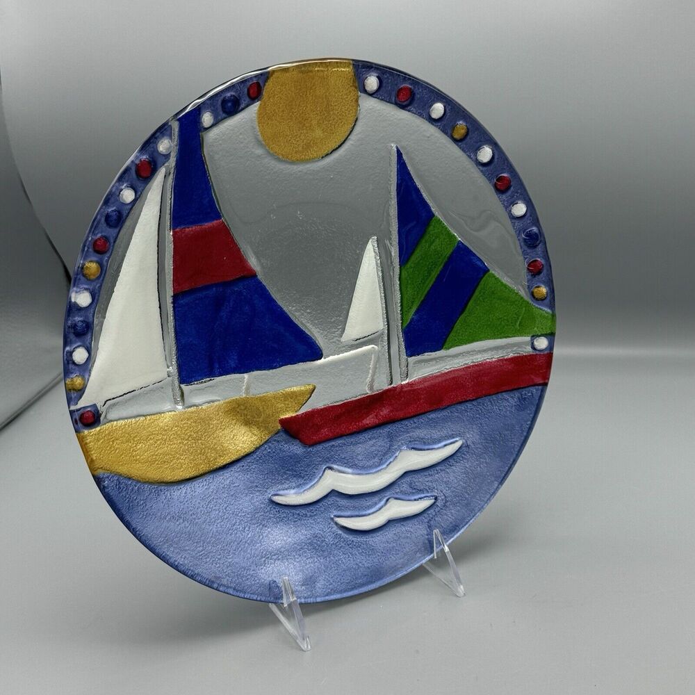 Lori Siebert for Silvestri Art Glass Sailboat Lake Plate Platter Hand Blown 11"